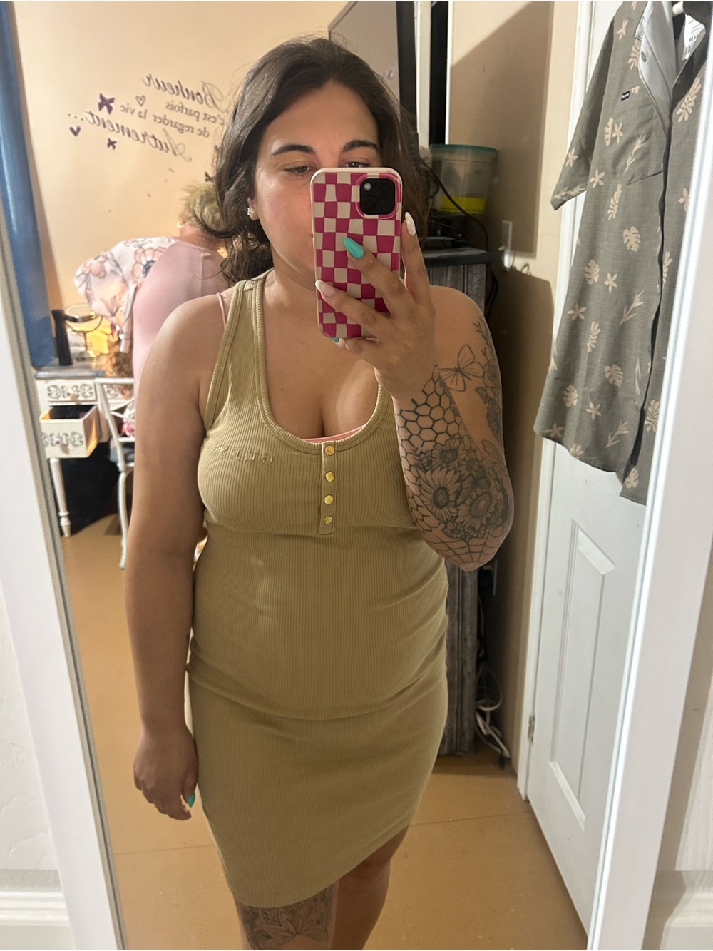 Guess by Marciano Tan Ribbed Tank Mini Dress with Button Front
